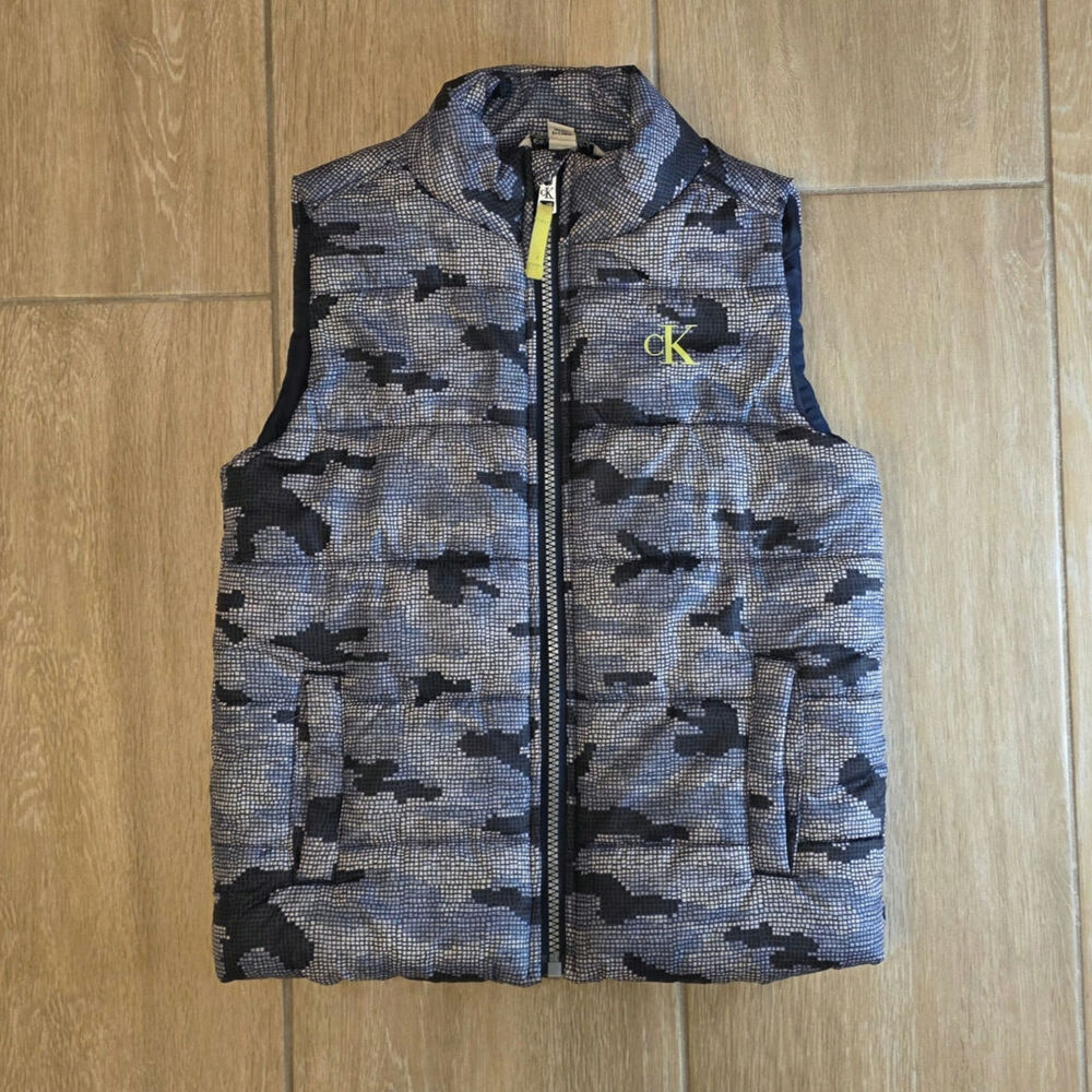 Calvin Klein Boys Puffer Vest Size 5 Blue Camo Quilted Zip Winter Jacket